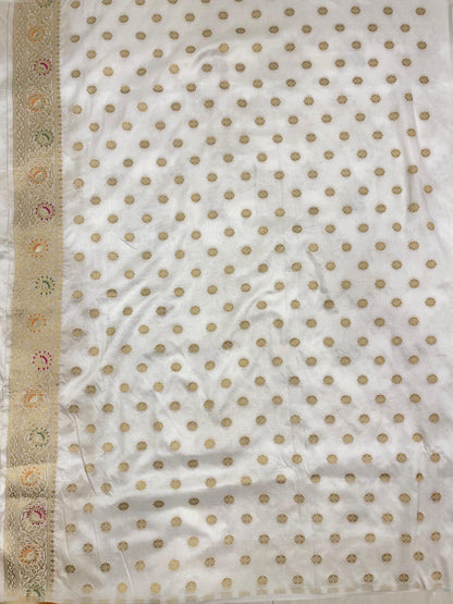 Faishana Presents White Dupion Silk Floral Mina Zari Jaal with Paithani Mina Zari Pallu Zari Border and White Blouse