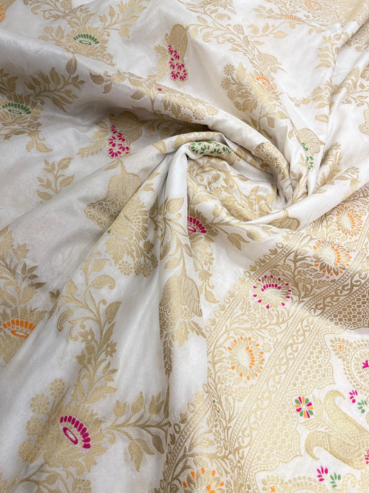 Faishana Presents White Dupion Silk Floral Mina Zari Jaal with Paithani Mina Zari Pallu Zari Border and White Blouse
