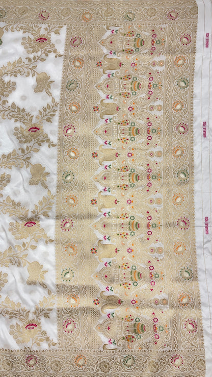 Faishana Presents White Dupion Silk Floral Mina Zari Jaal with Paithani Mina Zari Pallu Zari Border and White Blouse