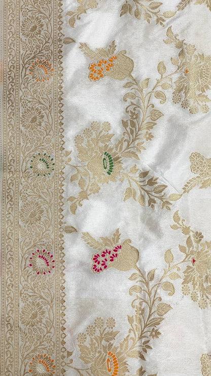 Faishana Presents White Dupion Silk Floral Mina Zari Jaal with Paithani Mina Zari Pallu Zari Border and White Blouse