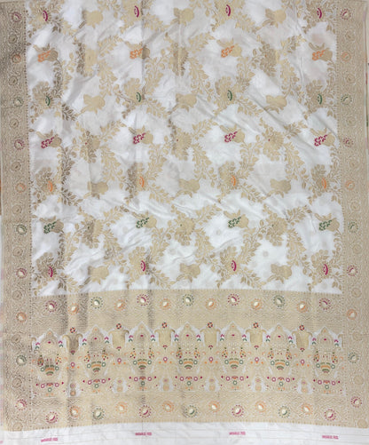 Faishana Presents White Dupion Silk Floral Mina Zari Jaal with Paithani Mina Zari Pallu Zari Border and White Blouse