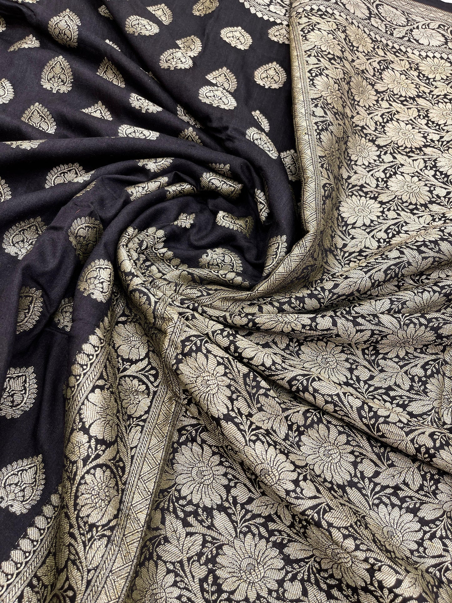 Faishana Pure Handloom Black Munga Silk Copper Silver Zari Booti with Floral Zari Jaal Pallu and Black Blouse