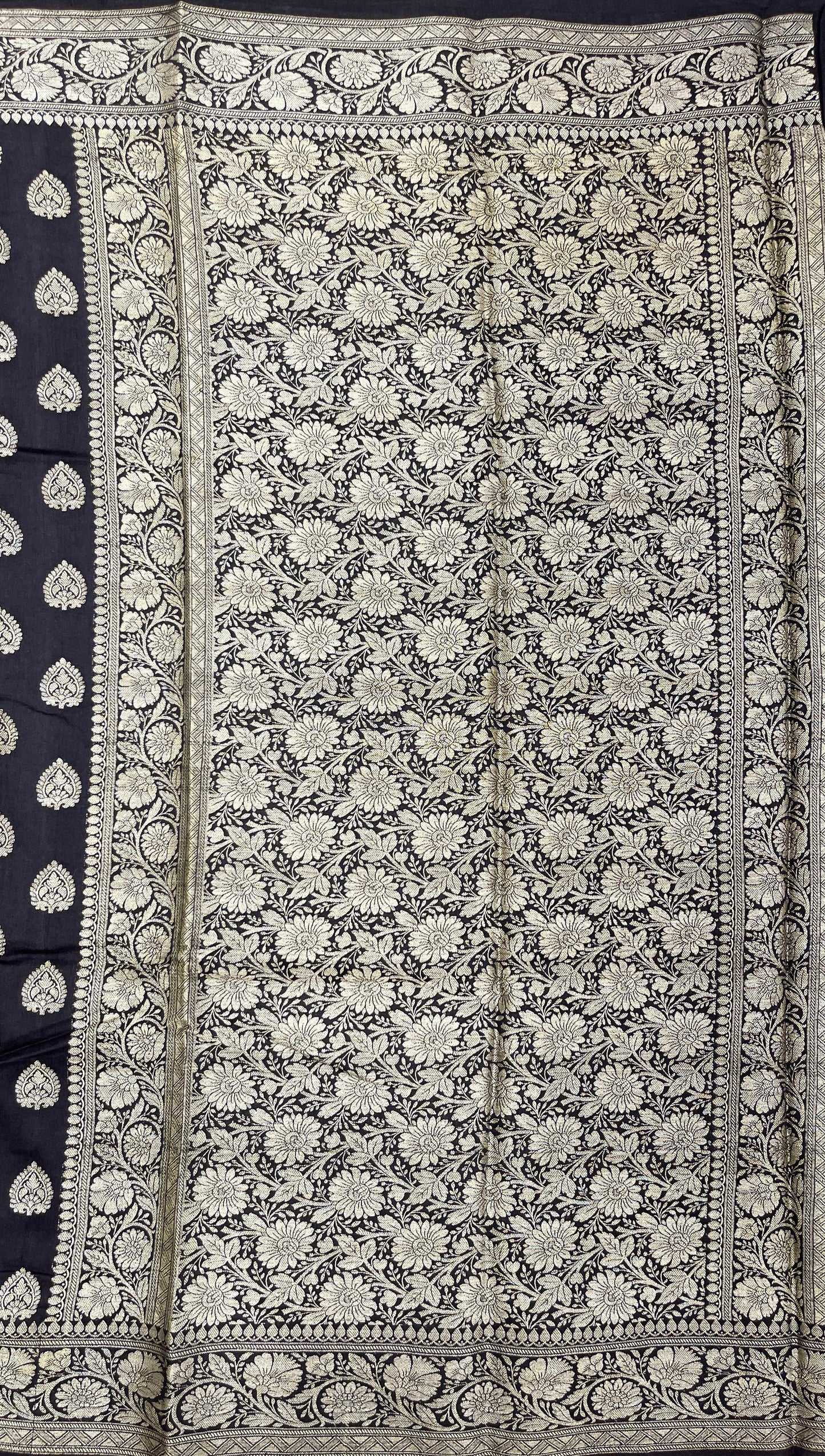 Faishana Pure Handloom Black Munga Silk Copper Silver Zari Booti with Floral Zari Jaal Pallu and Black Blouse