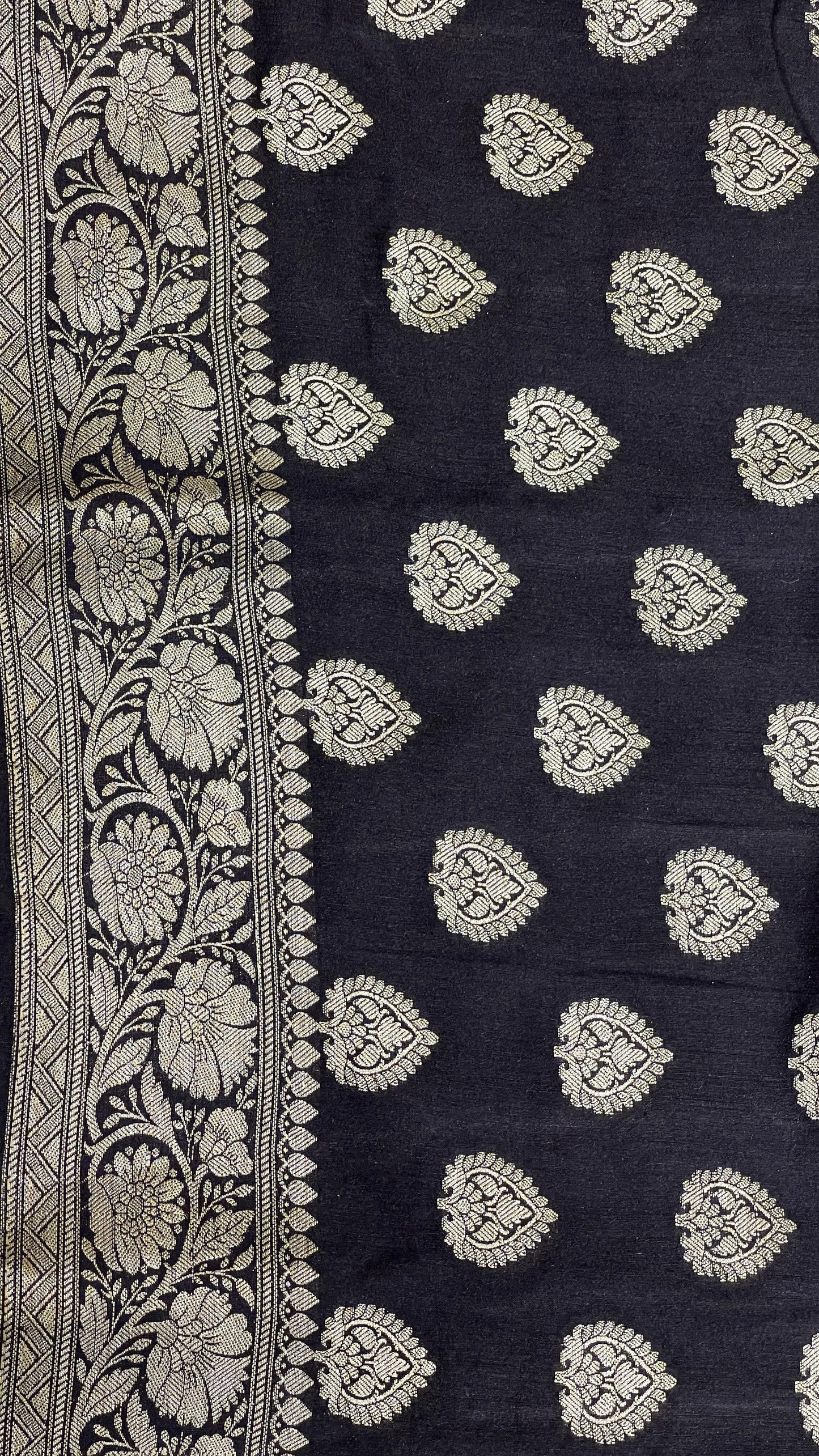 Faishana Pure Handloom Black Munga Silk Copper Silver Zari Booti with Floral Zari Jaal Pallu and Black Blouse