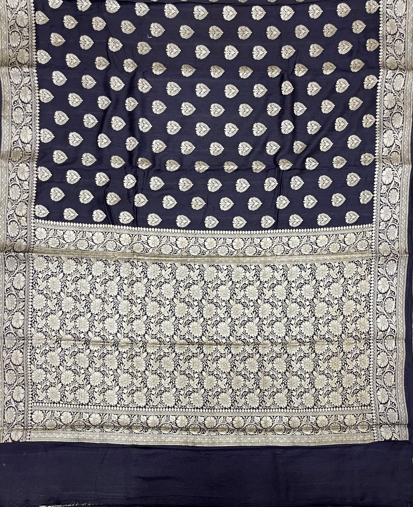 Faishana Pure Handloom Black Munga Silk Copper Silver Zari Booti with Floral Zari Jaal Pallu and Black Blouse