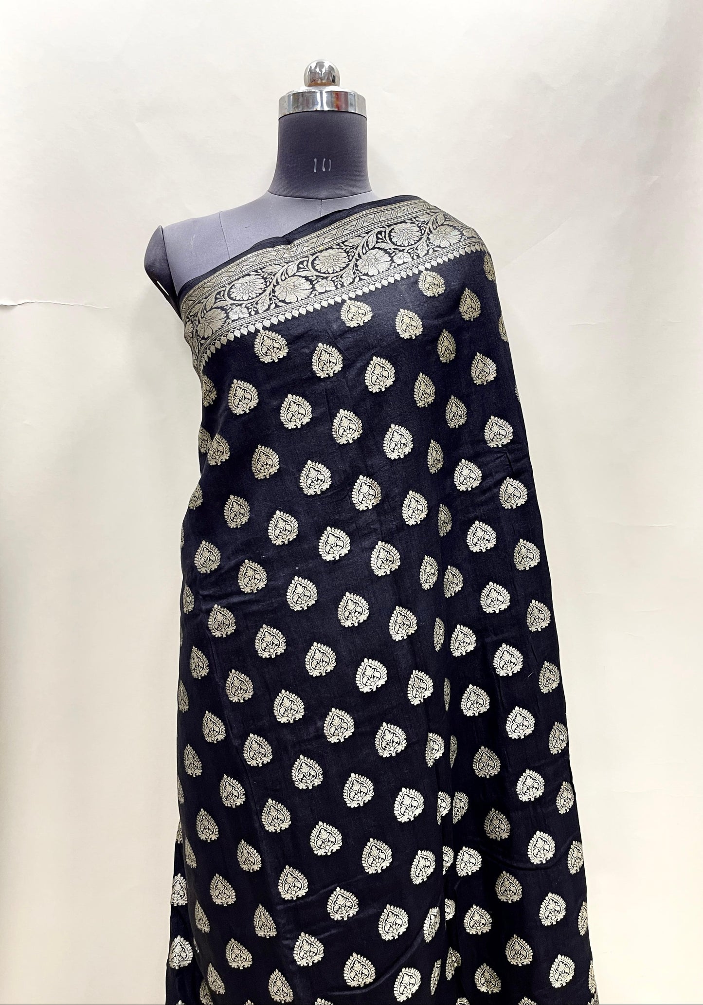 Faishana Pure Handloom Black Munga Silk Copper Silver Zari Booti with Floral Zari Jaal Pallu and Black Blouse