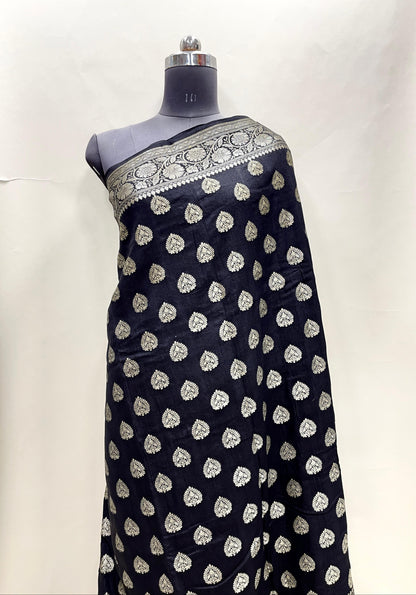 Faishana Pure Handloom Black Munga Silk Copper Silver Zari Booti with Floral Zari Jaal Pallu and Black Blouse
