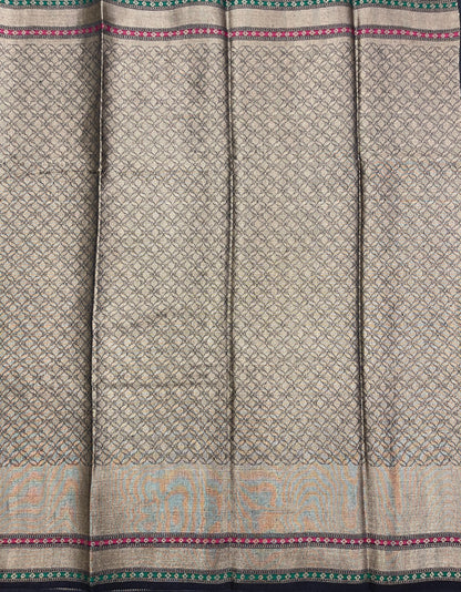 Faishana Pure Handloom Off white Munga Silk Floral Zari Booti Contrast Black Mina Zari Border with Paisley Black Pallu and Black Blouse