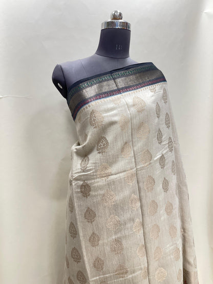 Faishana Pure Handloom Off white Munga Silk Floral Zari Booti Contrast Black Mina Zari Border with Paisley Black Pallu and Black Blouse