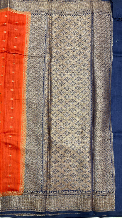 Faishana Pure Handloom Orange Munga Silk Chunri Zari Booti with Contrast Blue Banarasi Pallu Zari Border and Blue Blouse