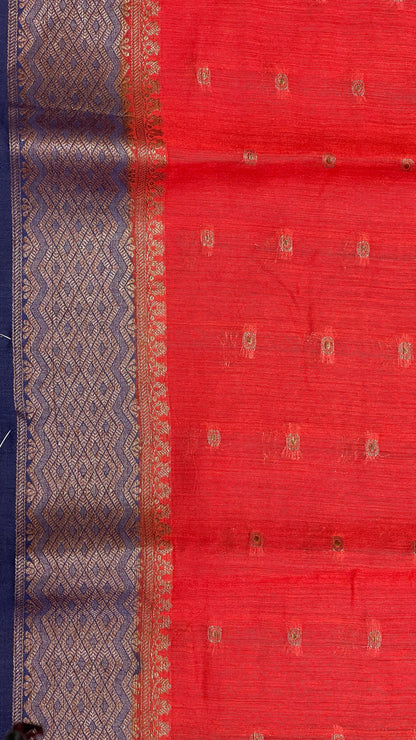 Faishana Pure Handloom Orange Munga Silk Chunri Zari Booti with Contrast Blue Banarasi Pallu Zari Border and Blue Blouse
