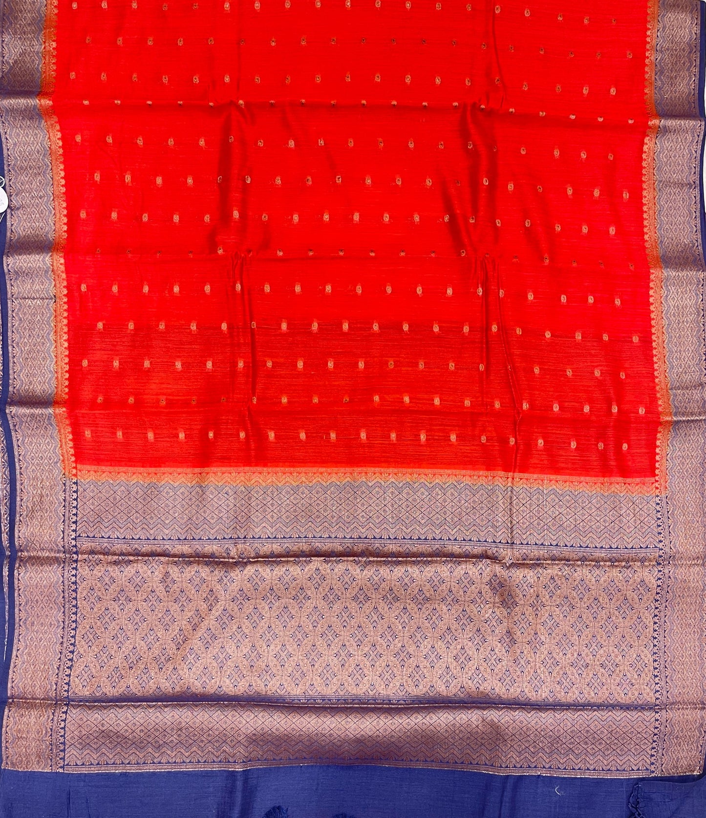 Faishana Pure Handloom Orange Munga Silk Chunri Zari Booti with Contrast Blue Banarasi Pallu Zari Border and Blue Blouse