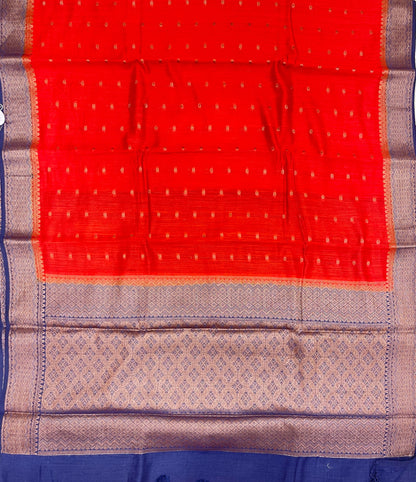 Faishana Pure Handloom Orange Munga Silk Chunri Zari Booti with Contrast Blue Banarasi Pallu Zari Border and Blue Blouse