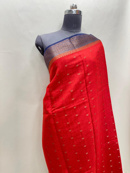 Faishana Pure Handloom Orange Munga Silk Chunri Zari Booti with Contrast Blue Banarasi Pallu Zari Border and Blue Blouse