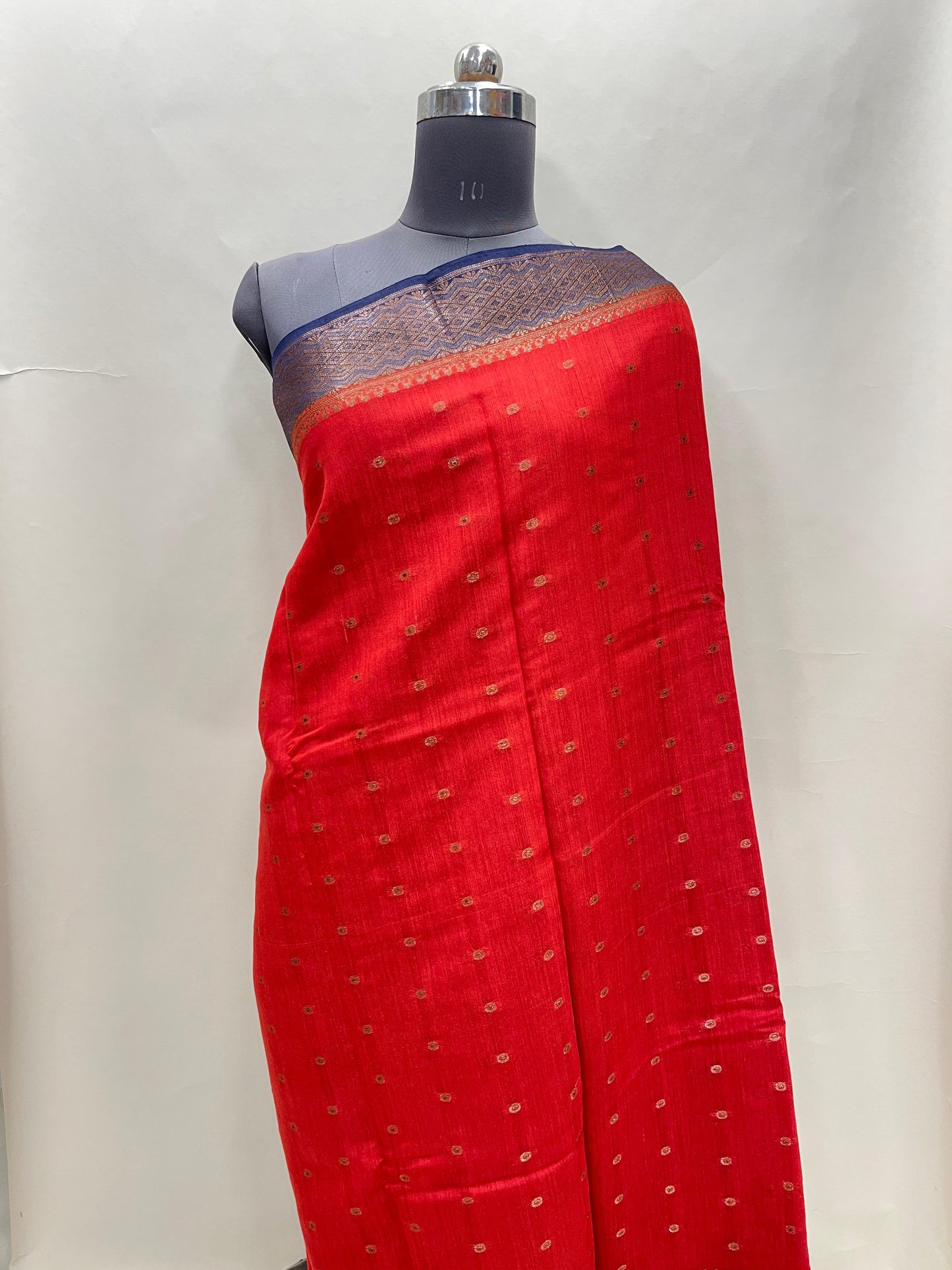 Faishana Pure Handloom Orange Munga Silk Chunri Zari Booti with Contrast Blue Banarasi Pallu Zari Border and Blue Blouse