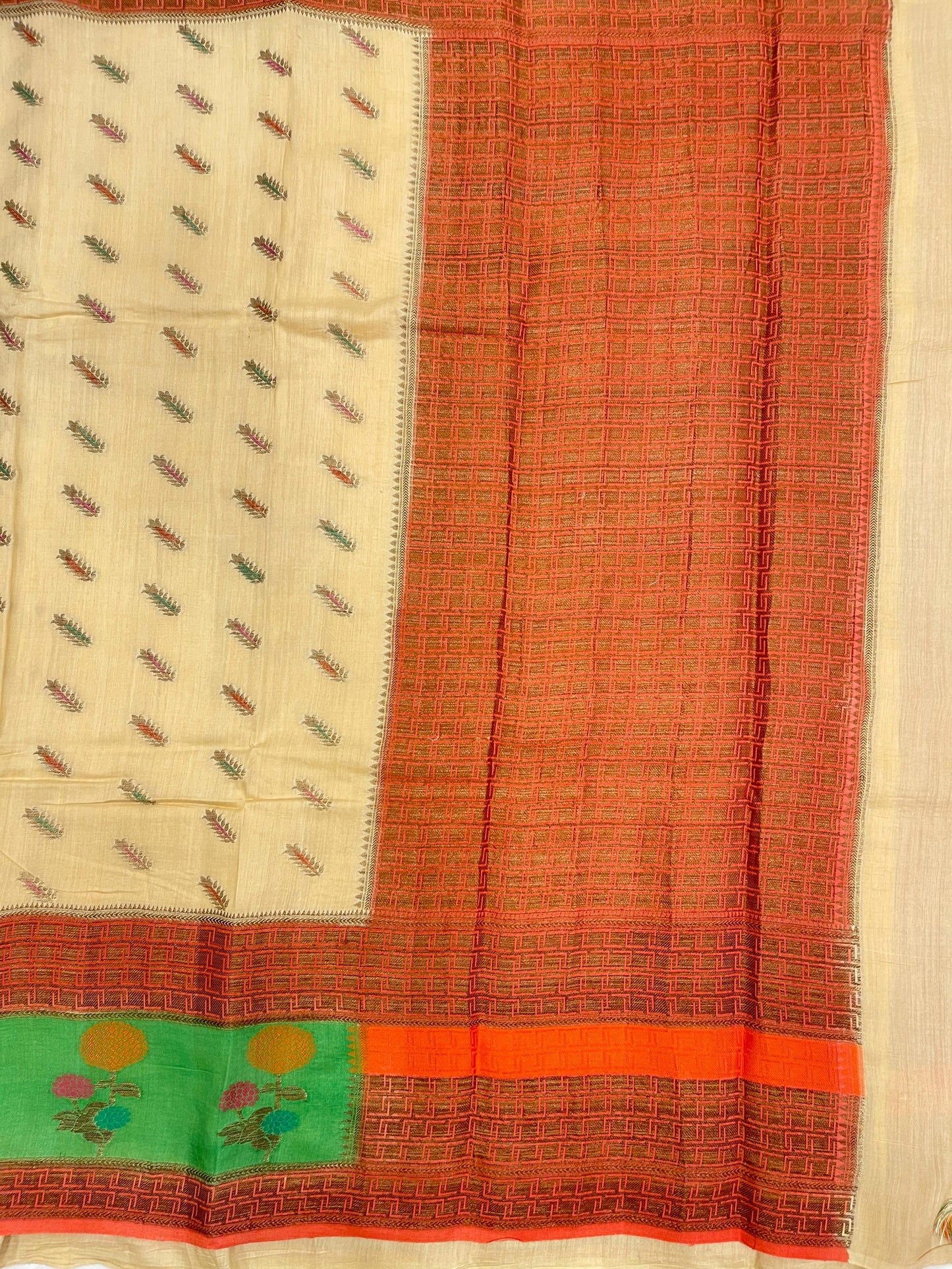 Faishana Pure Handloom Cream Munga Silk Floral Mina Booti with Contrast Orange Floral Minakari Green Pallu Zari Border and Cream Blouse