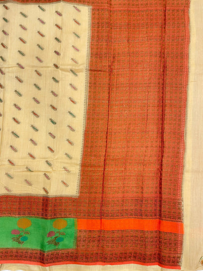 Faishana Pure Handloom Cream Munga Silk Floral Mina Booti with Contrast Orange Floral Minakari Green Pallu Zari Border and Cream Blouse
