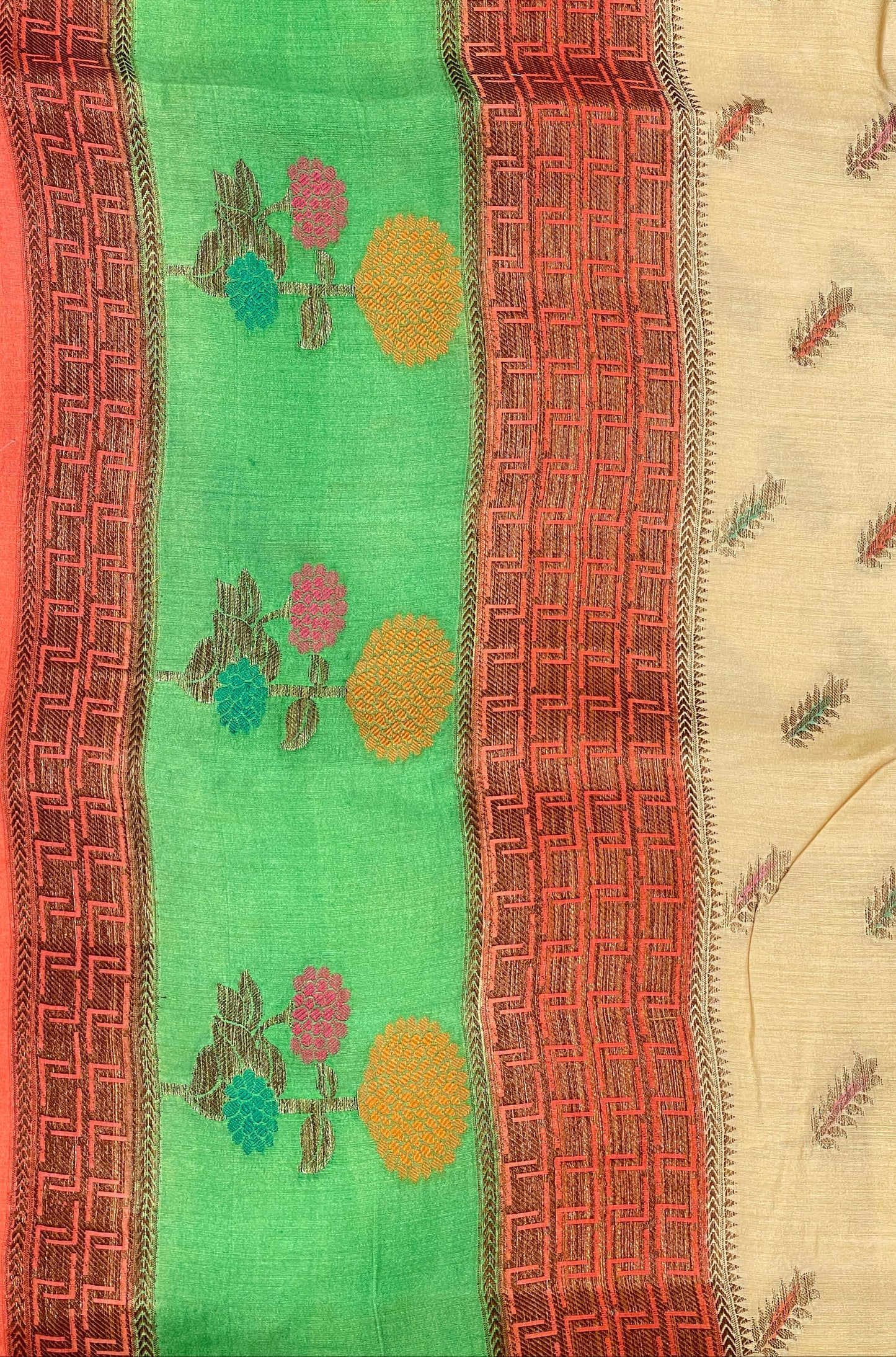 Faishana Pure Handloom Cream Munga Silk Floral Mina Booti with Contrast Orange Floral Minakari Green Pallu Zari Border and Cream Blouse