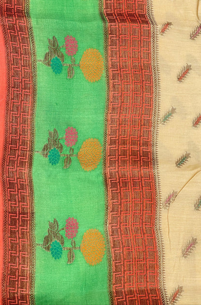 Faishana Pure Handloom Cream Munga Silk Floral Mina Booti with Contrast Orange Floral Minakari Green Pallu Zari Border and Cream Blouse