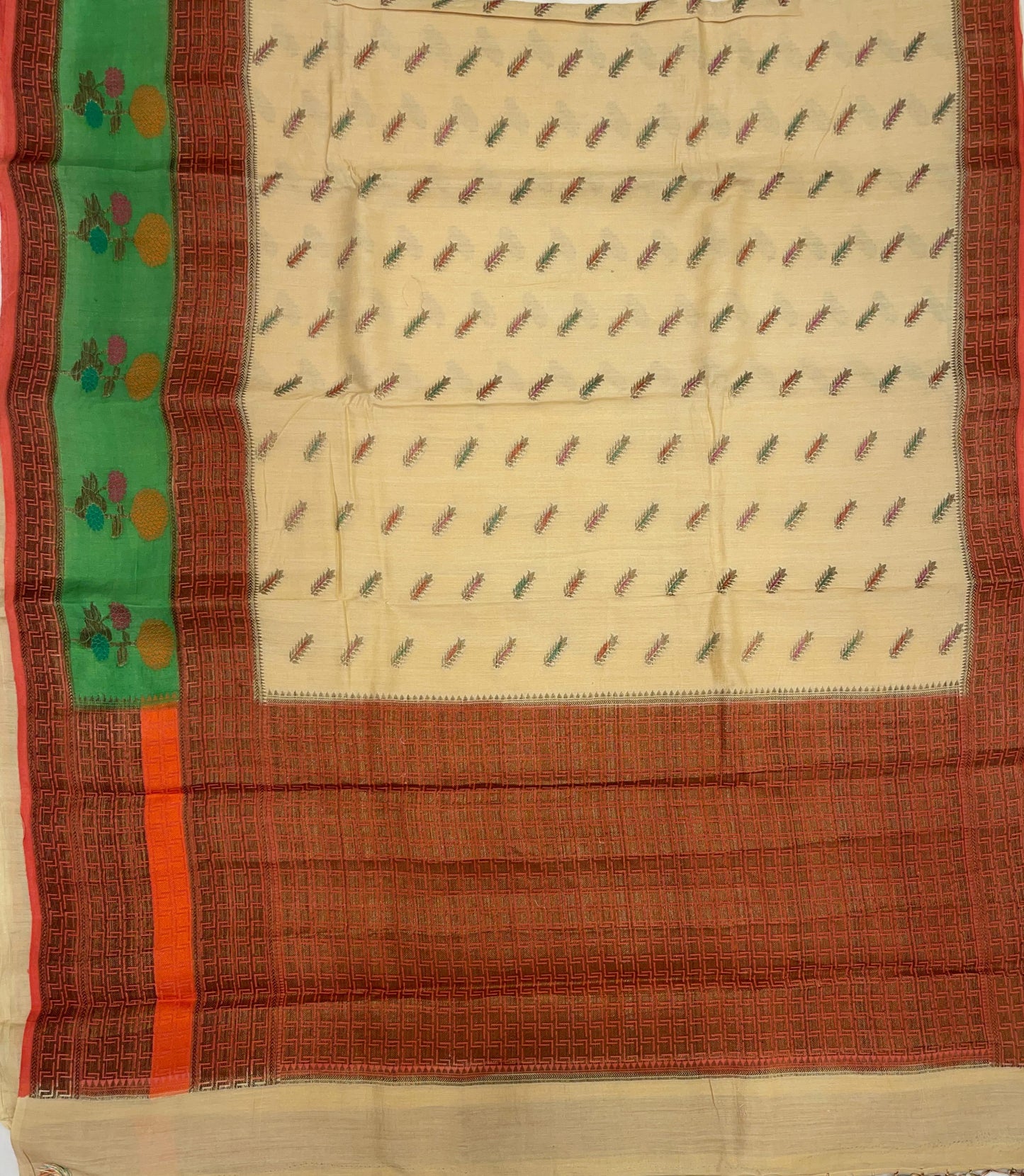 Faishana Pure Handloom Cream Munga Silk Floral Mina Booti with Contrast Orange Floral Minakari Green Pallu Zari Border and Cream Blouse