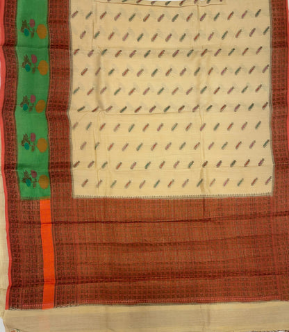 Faishana Pure Handloom Cream Munga Silk Floral Mina Booti with Contrast Orange Floral Minakari Green Pallu Zari Border and Cream Blouse