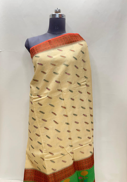 Faishana Pure Handloom Cream Munga Silk Floral Mina Booti with Contrast Orange Floral Minakari Green Pallu Zari Border and Cream Blouse