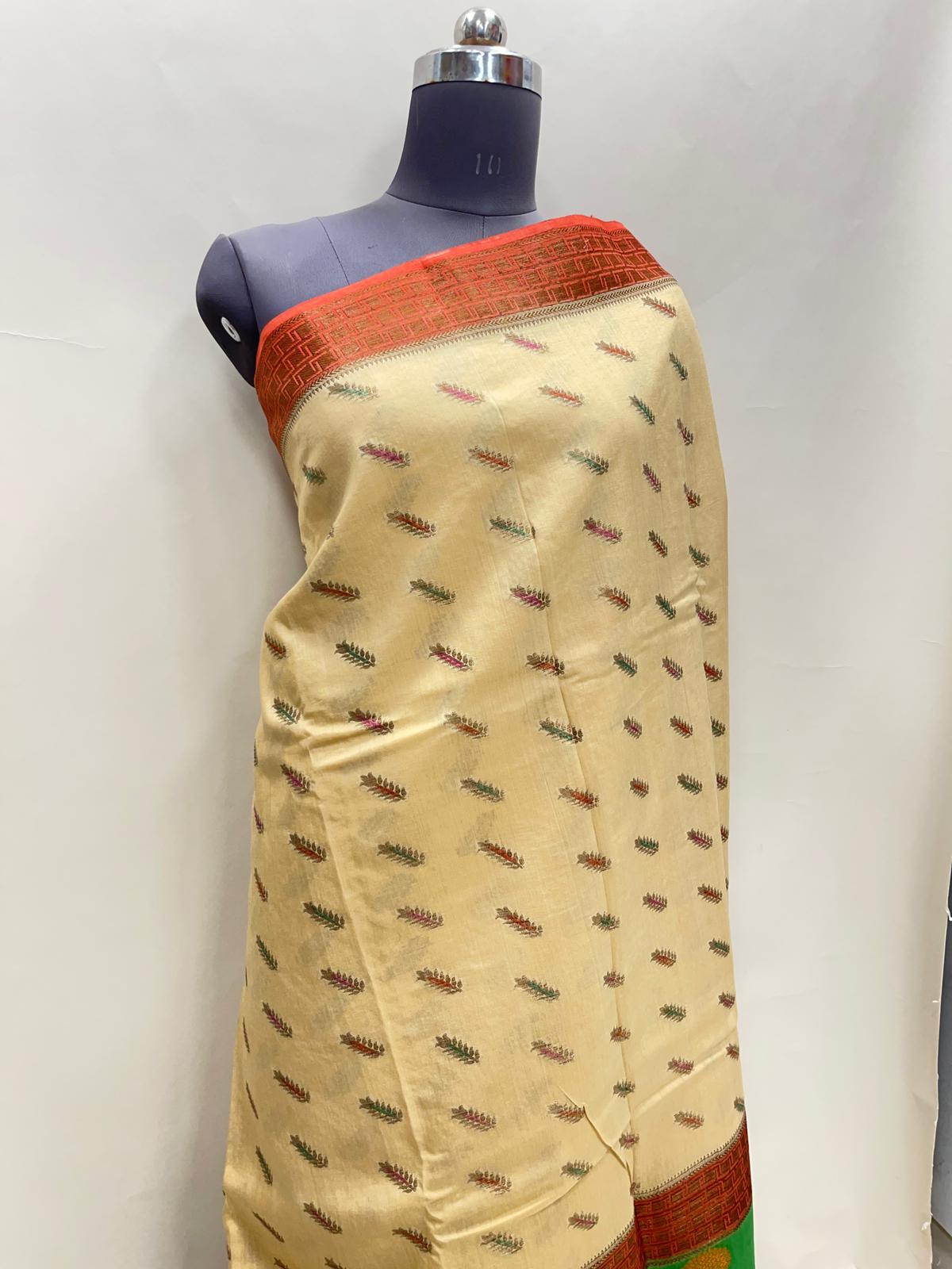 Faishana Pure Handloom Cream Munga Silk Floral Mina Booti with Contrast Orange Floral Minakari Green Pallu Zari Border and Cream Blouse