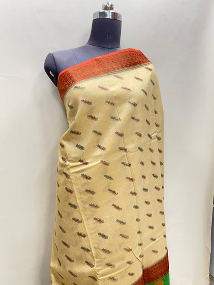 Faishana Pure Handloom Cream Munga Silk Floral Mina Booti with Contrast Orange Floral Minakari Green Pallu Zari Border and Cream Blouse