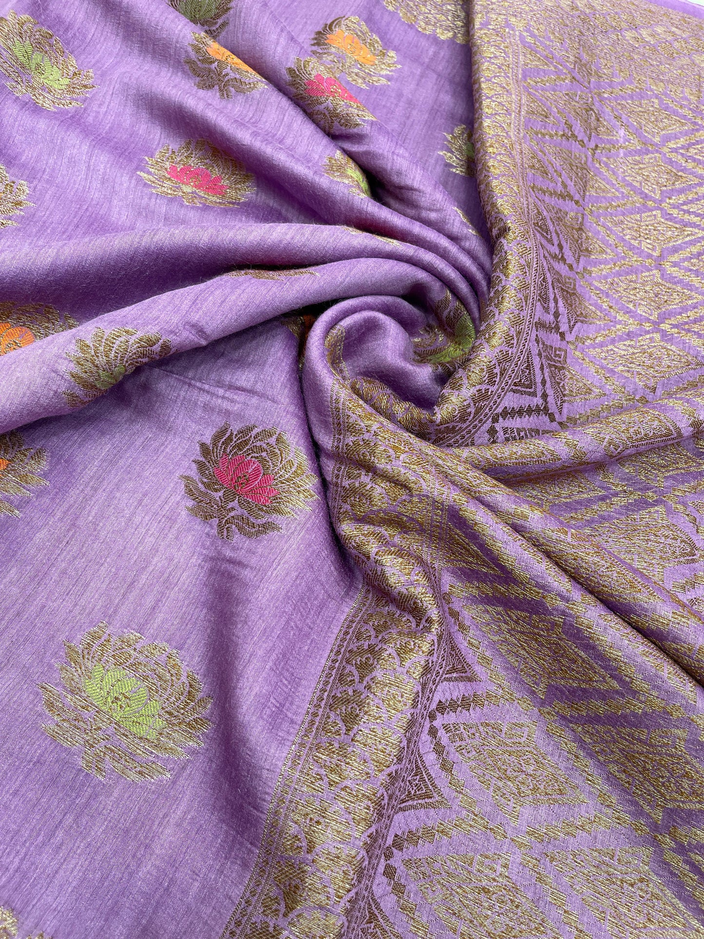 Faishana Pure Handloom Purple Munga Silk Floral Copper Zari Minakari Booti and Zig-Zag Banarasi Pallu Zari Border and Cream Blouse