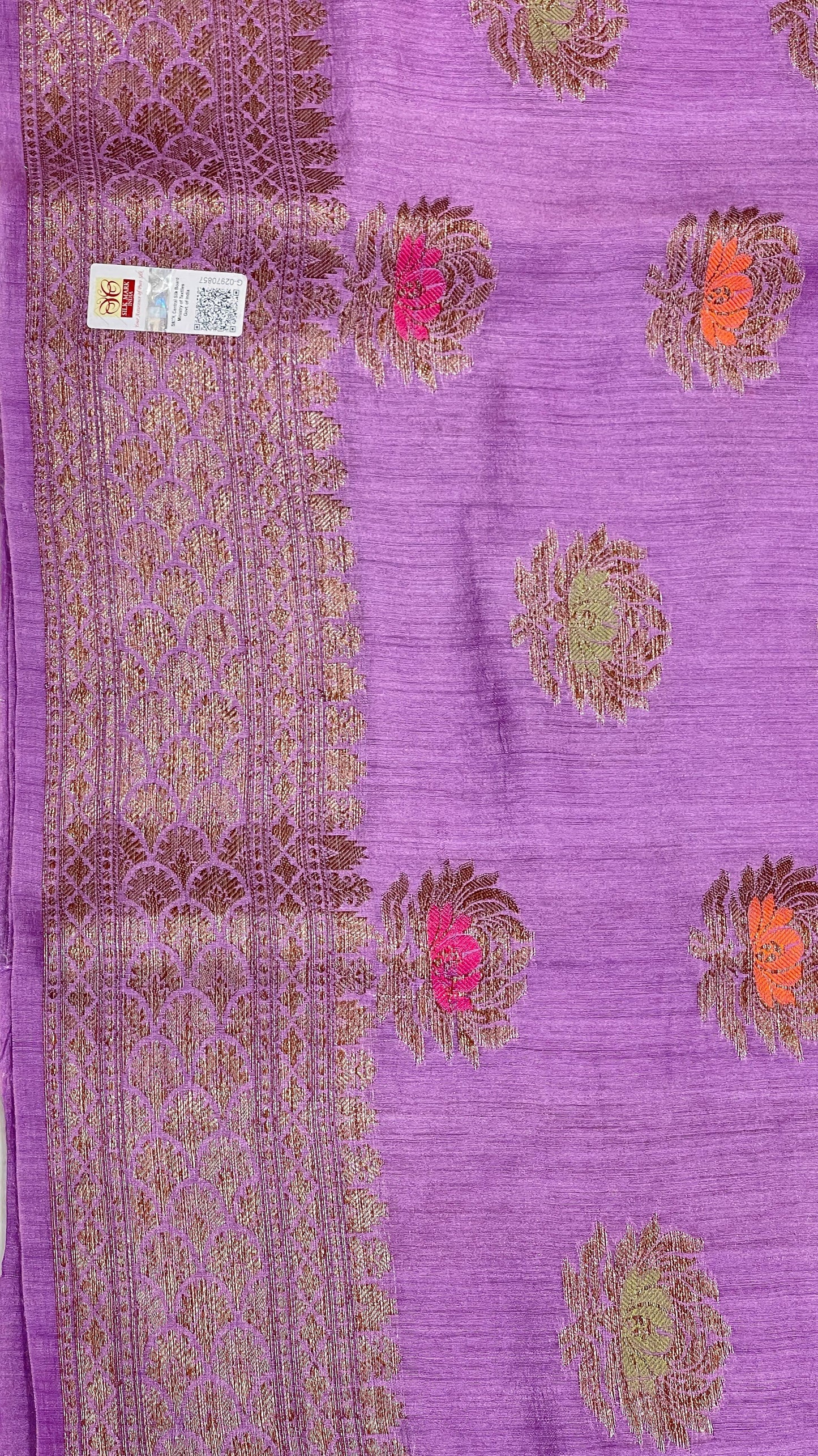 Faishana Pure Handloom Purple Munga Silk Floral Copper Zari Minakari Booti and Zig-Zag Banarasi Pallu Zari Border and Cream Blouse