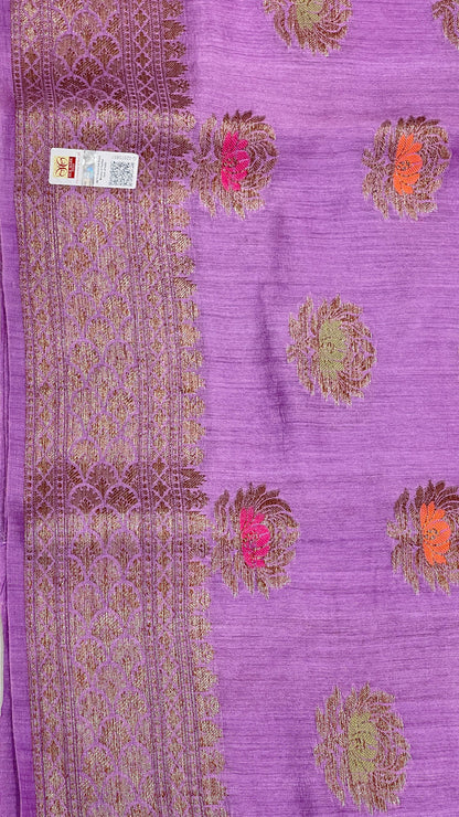Faishana Pure Handloom Purple Munga Silk Floral Copper Zari Minakari Booti and Zig-Zag Banarasi Pallu Zari Border and Cream Blouse