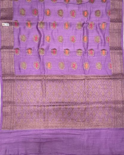 Faishana Pure Handloom Purple Munga Silk Floral Copper Zari Minakari Booti and Zig-Zag Banarasi Pallu Zari Border and Cream Blouse