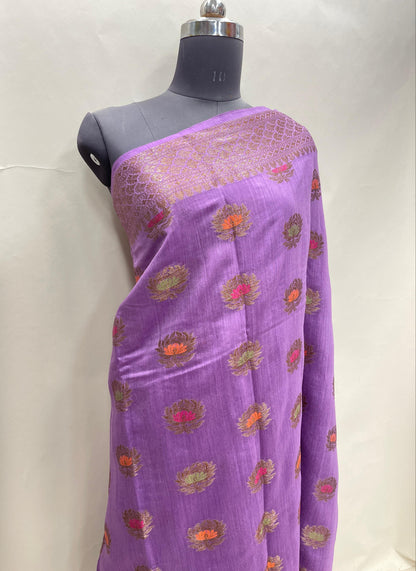 Faishana Pure Handloom Purple Munga Silk Floral Copper Zari Minakari Booti and Zig-Zag Banarasi Pallu Zari Border and Cream Blouse