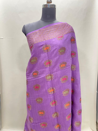 Faishana Pure Handloom Purple Munga Silk Floral Copper Zari Minakari Booti and Zig-Zag Banarasi Pallu Zari Border and Cream Blouse