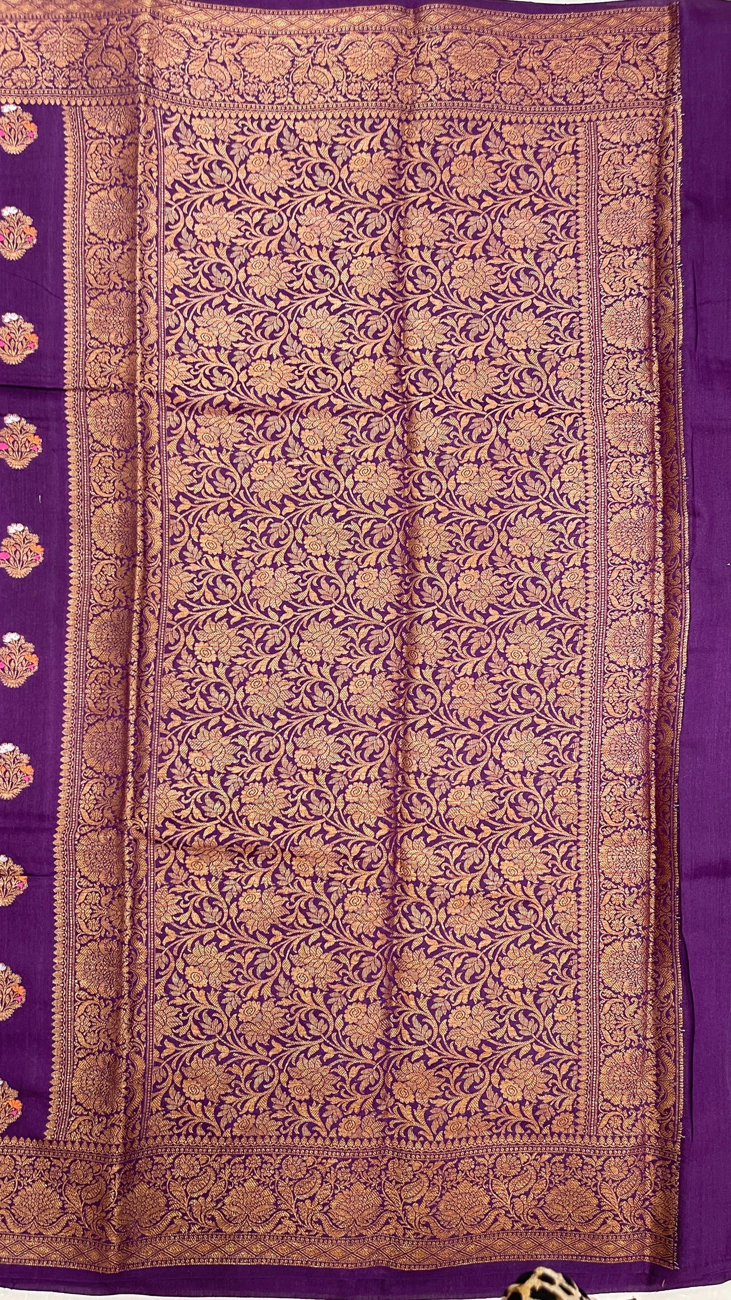Faishana Pure Handloom Purple Munga Silk Floral Copper Zari Minakari Booti and Floral Zari Jaal Banarasi Pallu Zari Border and Purple Blouse