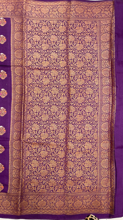 Faishana Pure Handloom Purple Munga Silk Floral Copper Zari Minakari Booti and Floral Zari Jaal Banarasi Pallu Zari Border and Purple Blouse