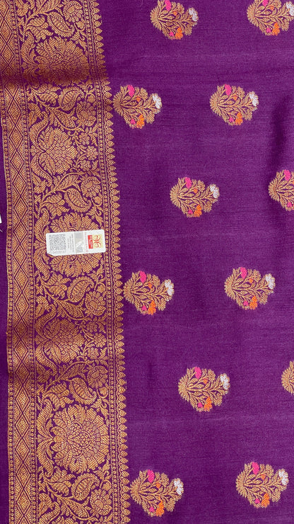 Faishana Pure Handloom Purple Munga Silk Floral Copper Zari Minakari Booti and Floral Zari Jaal Banarasi Pallu Zari Border and Purple Blouse