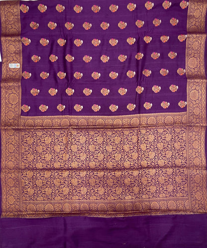 Faishana Pure Handloom Purple Munga Silk Floral Copper Zari Minakari Booti and Floral Zari Jaal Banarasi Pallu Zari Border and Purple Blouse