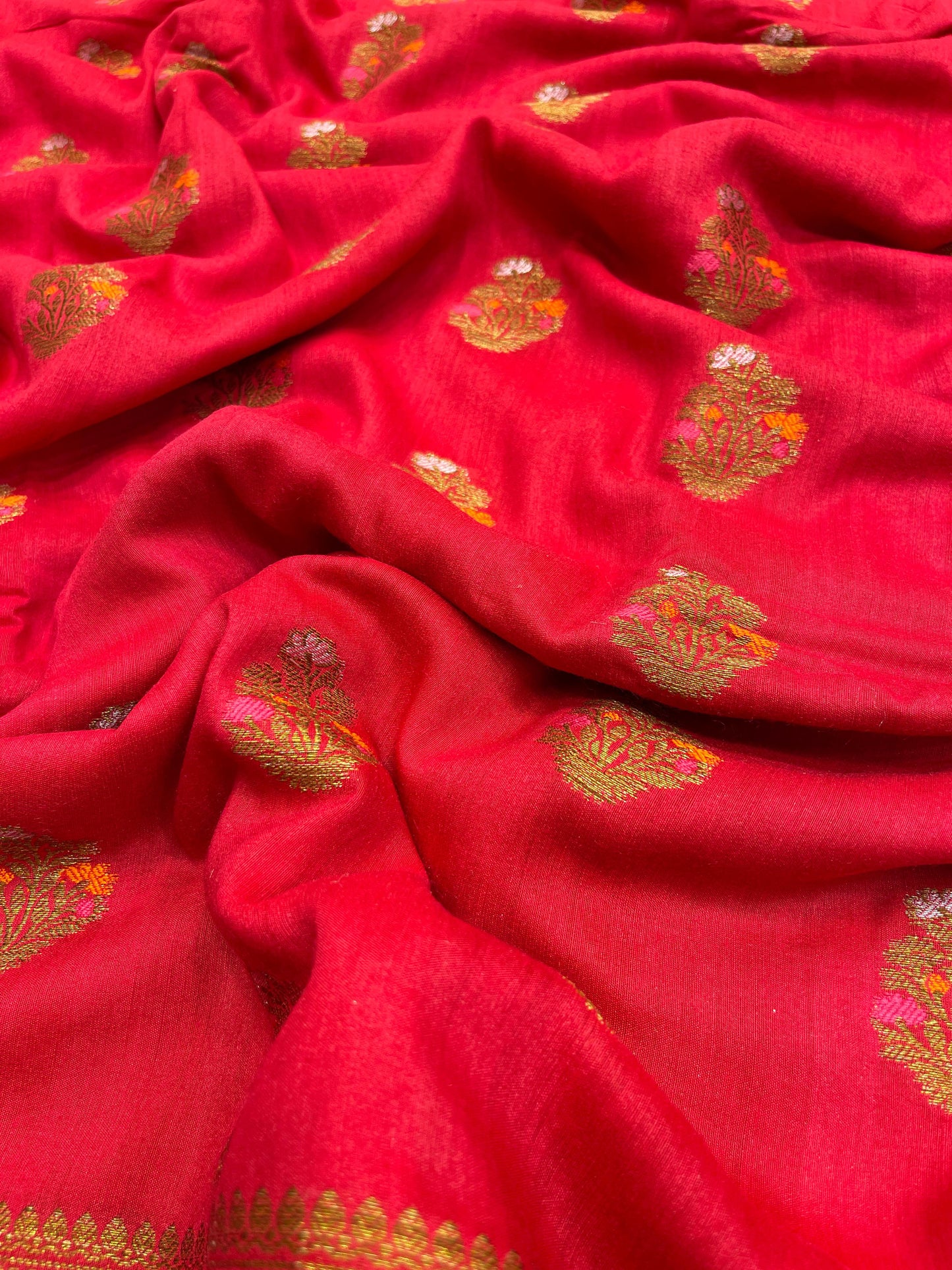 Faishana Pure Handloom Red Munga Silk Floral Minkari Copper Zari Booti with Floral Zari Jaal Pallu Zari Border and Red Blouse
