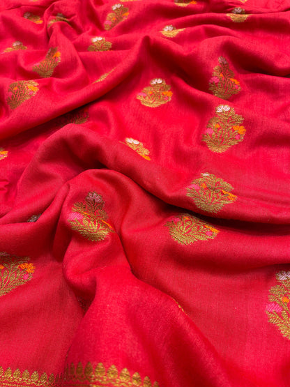 Faishana Pure Handloom Red Munga Silk Floral Minkari Copper Zari Booti with Floral Zari Jaal Pallu Zari Border and Red Blouse