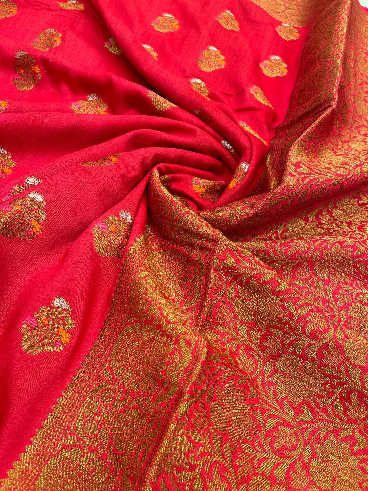 Faishana Pure Handloom Red Munga Silk Floral Minkari Copper Zari Booti with Floral Zari Jaal Pallu Zari Border and Red Blouse