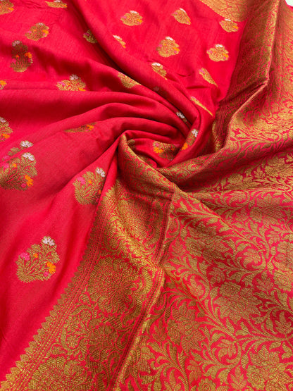 Faishana Pure Handloom Red Munga Silk Floral Minkari Copper Zari Booti with Floral Zari Jaal Pallu Zari Border and Red Blouse