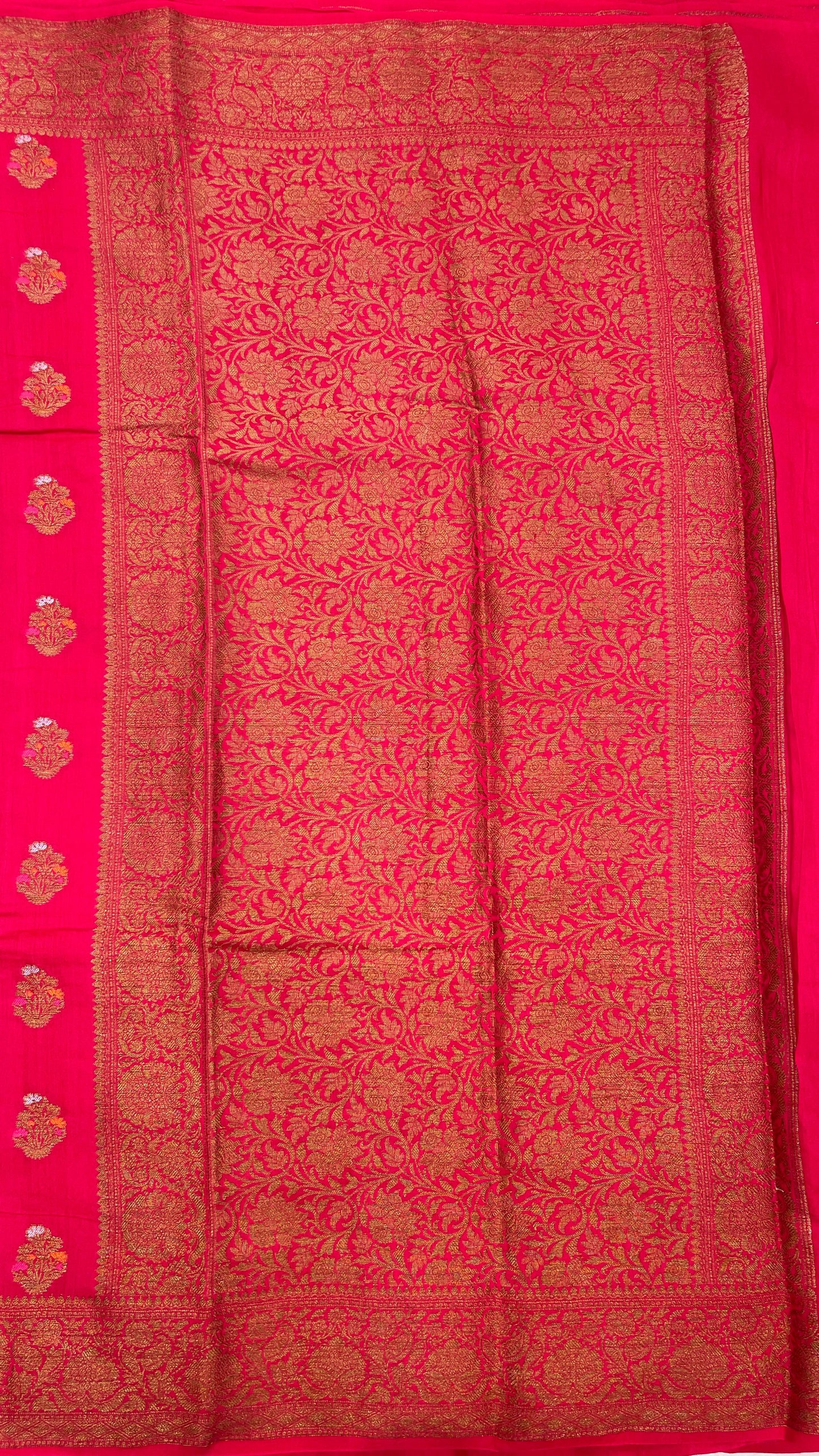 Faishana Pure Handloom Red Munga Silk Floral Minkari Copper Zari Booti with Floral Zari Jaal Pallu Zari Border and Red Blouse