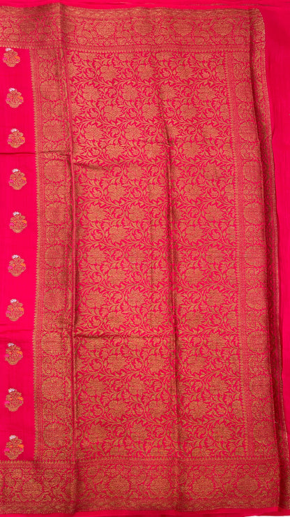 Faishana Pure Handloom Red Munga Silk Floral Minkari Copper Zari Booti with Floral Zari Jaal Pallu Zari Border and Red Blouse