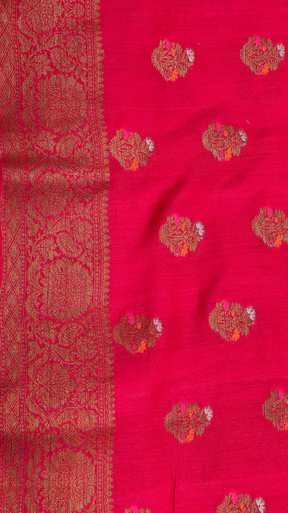 Faishana Pure Handloom Red Munga Silk Floral Minkari Copper Zari Booti with Floral Zari Jaal Pallu Zari Border and Red Blouse