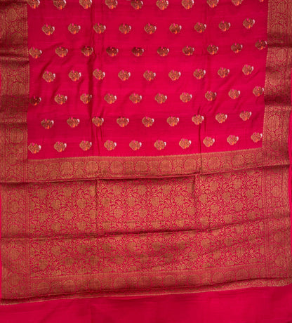 Faishana Pure Handloom Red Munga Silk Floral Minkari Copper Zari Booti with Floral Zari Jaal Pallu Zari Border and Red Blouse