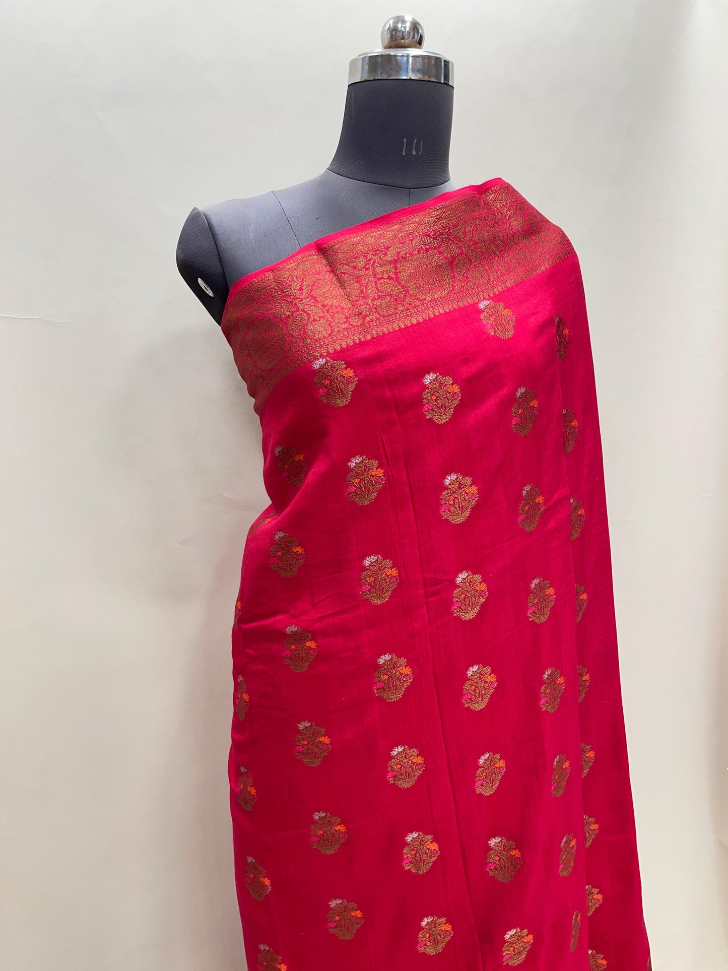 Faishana Pure Handloom Red Munga Silk Floral Minkari Copper Zari Booti with Floral Zari Jaal Pallu Zari Border and Red Blouse