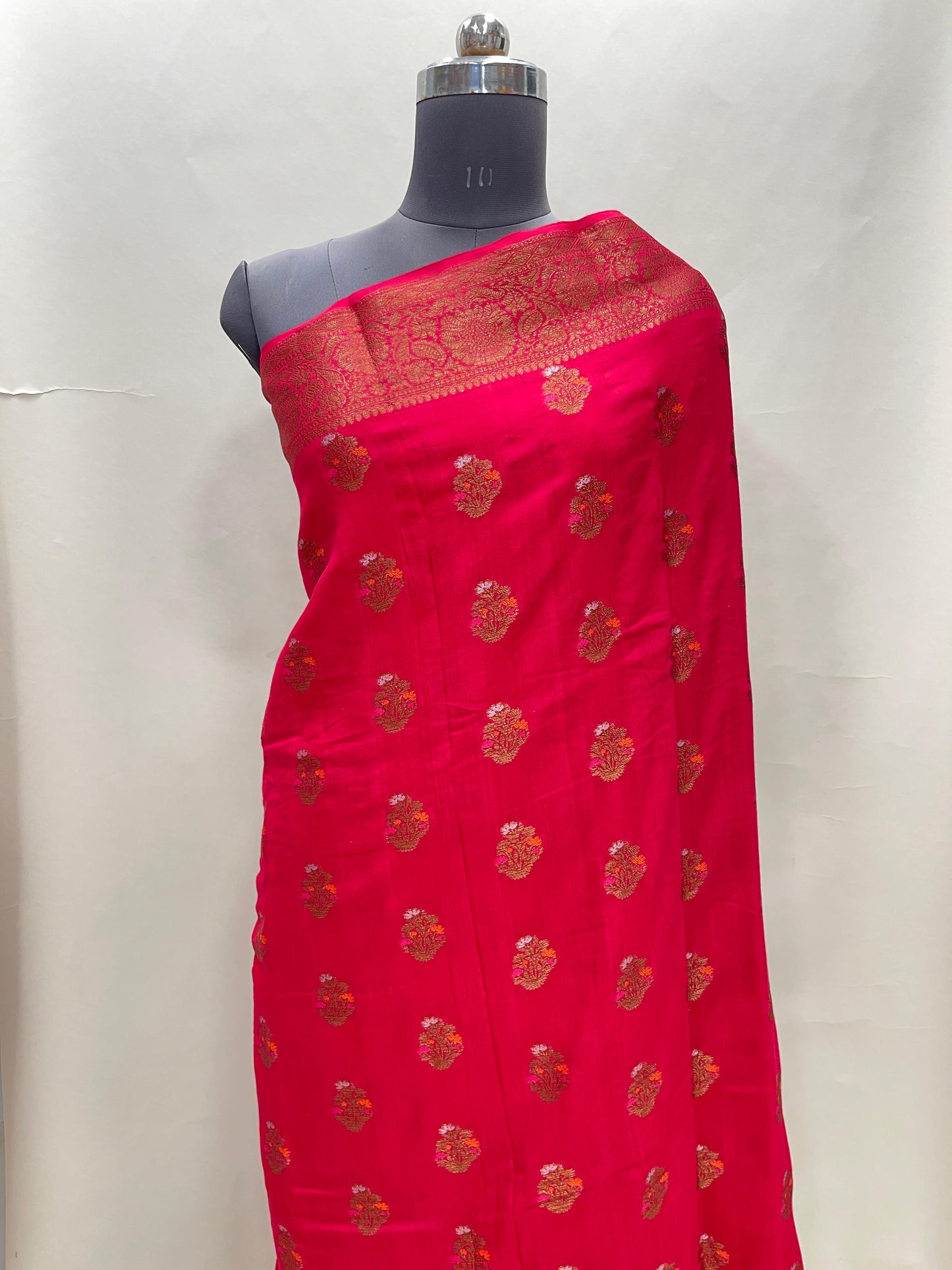 Faishana Pure Handloom Red Munga Silk Floral Minkari Copper Zari Booti with Floral Zari Jaal Pallu Zari Border and Red Blouse