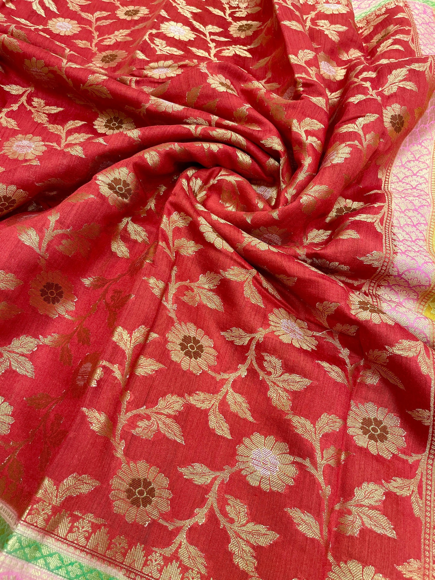 Faishana Pure Handloom Red Munga Silk Floral Silver Minkari Zari Jaal with Contrast Gold Zig-Zag Pallu and Rangkaat Zari Border with Mustard Blouse