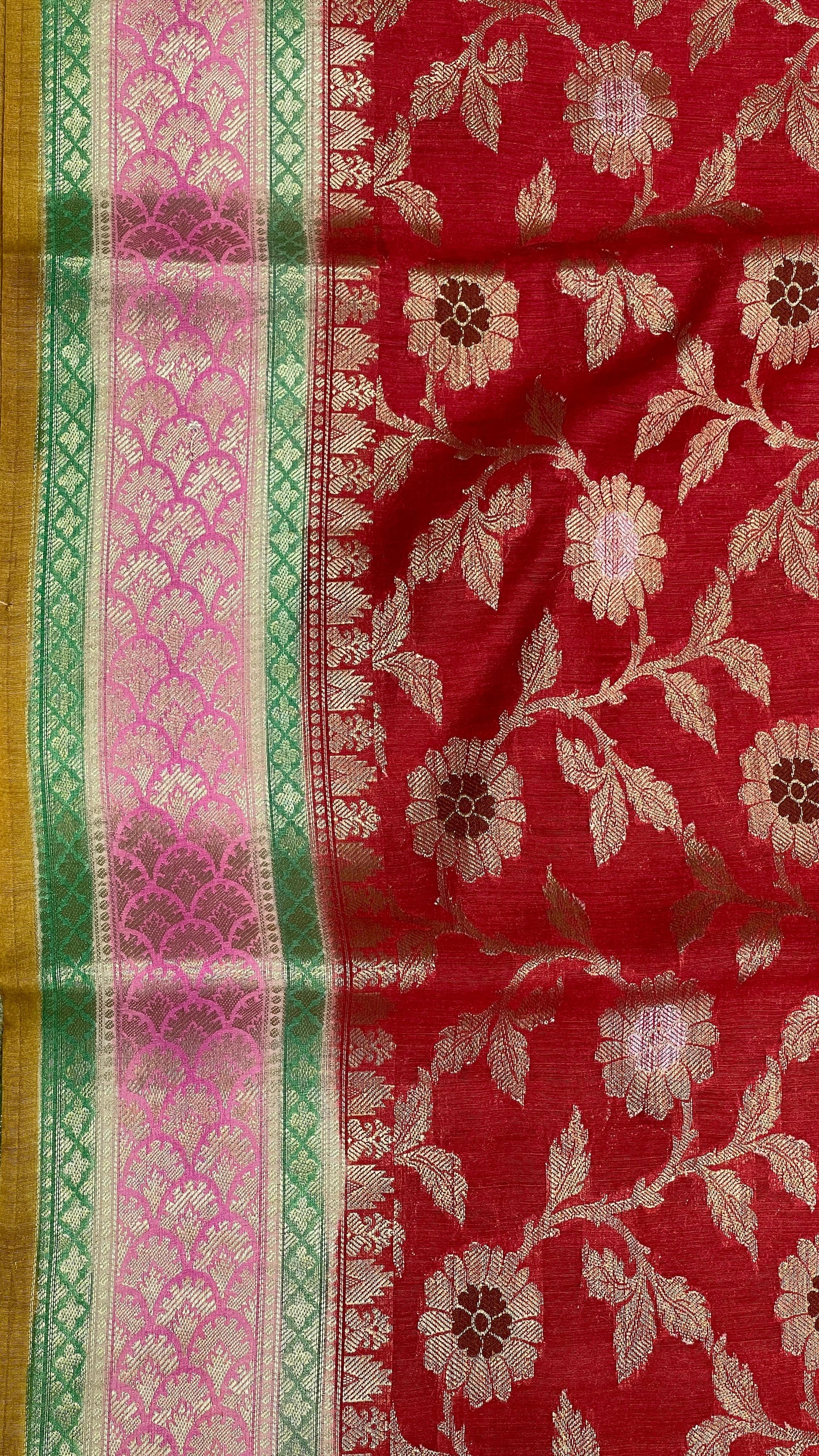 Faishana Pure Handloom Red Munga Silk Floral Silver Minkari Zari Jaal with Contrast Gold Zig-Zag Pallu and Rangkaat Zari Border with Mustard Blouse